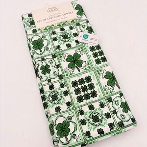 Envogue Lucky Collection 2pk Kitchen Towels Green Shamrock Clover 100% Cotton